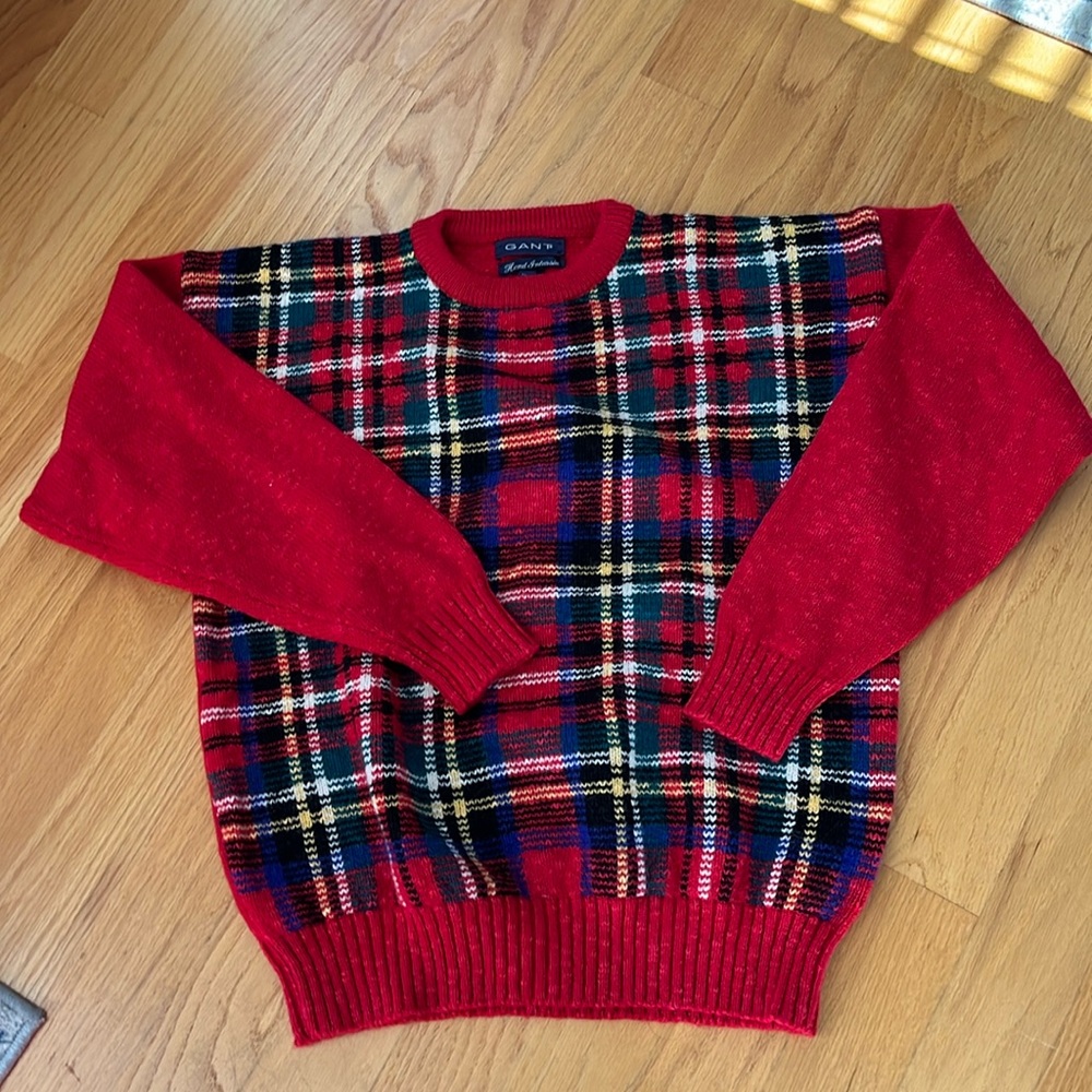 Vintage Gant Red Plaid Wool Cotton Sweater size L Hand Intarsia Holiday